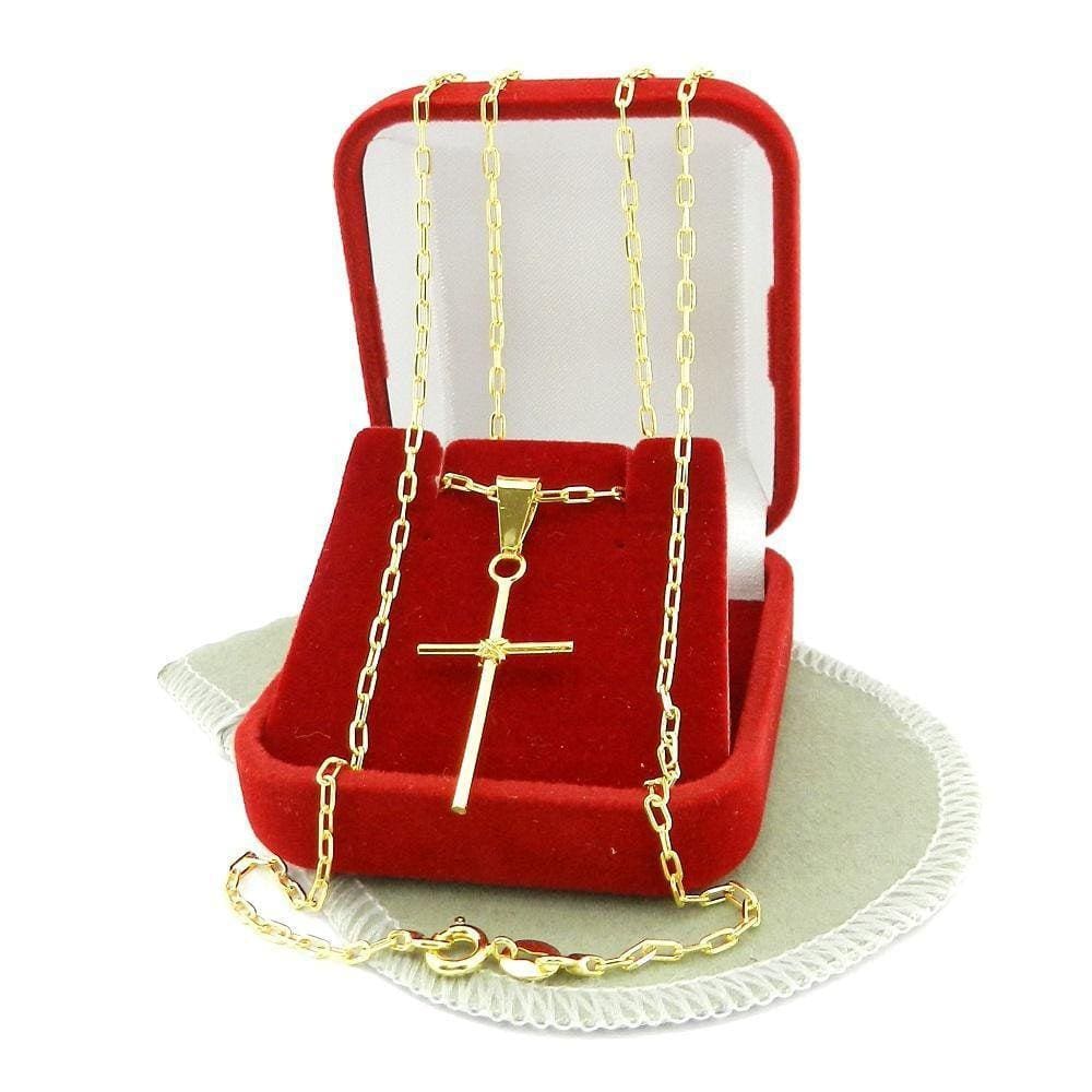 Corrente Masculina 70Cm 1Mm + Cruz 30Mm Folheado Ouro Cr792