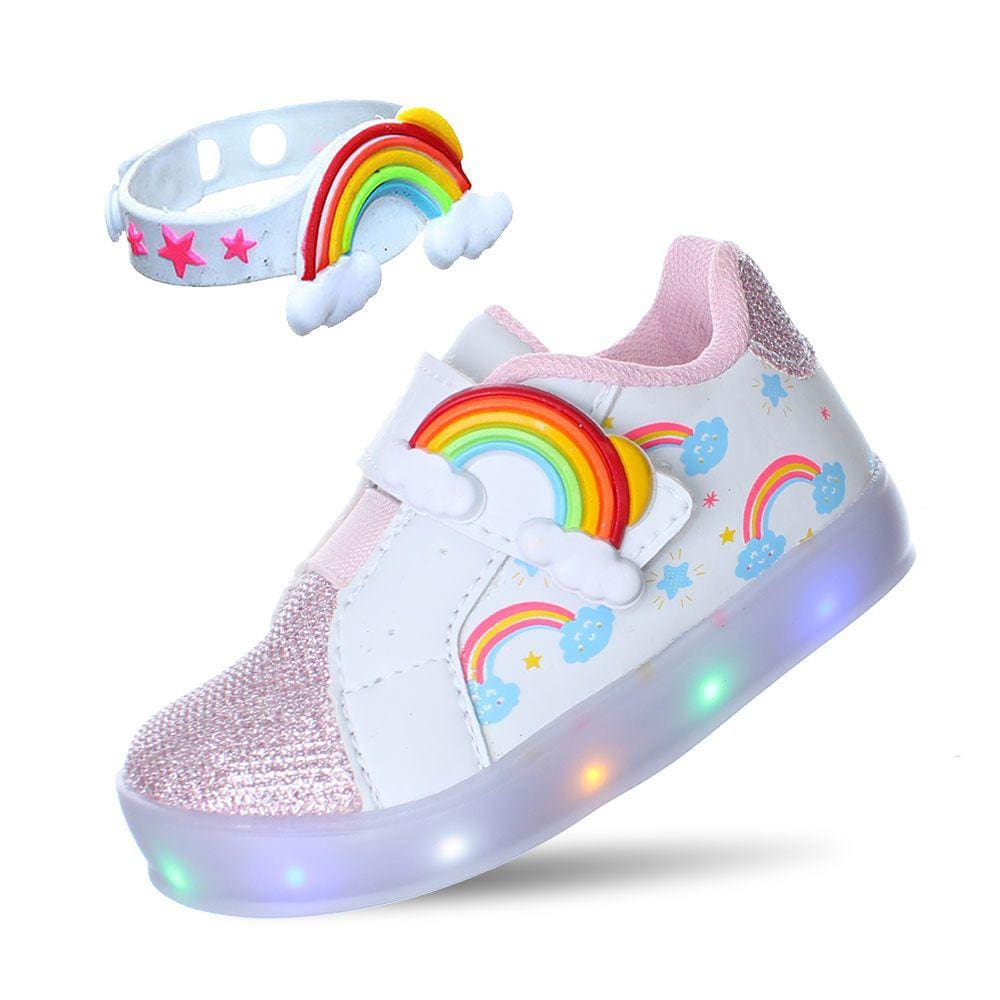 Tenis Sapato Luzinha Luz Led Arco Iris Infantil Menina Com Pulseira Rosa