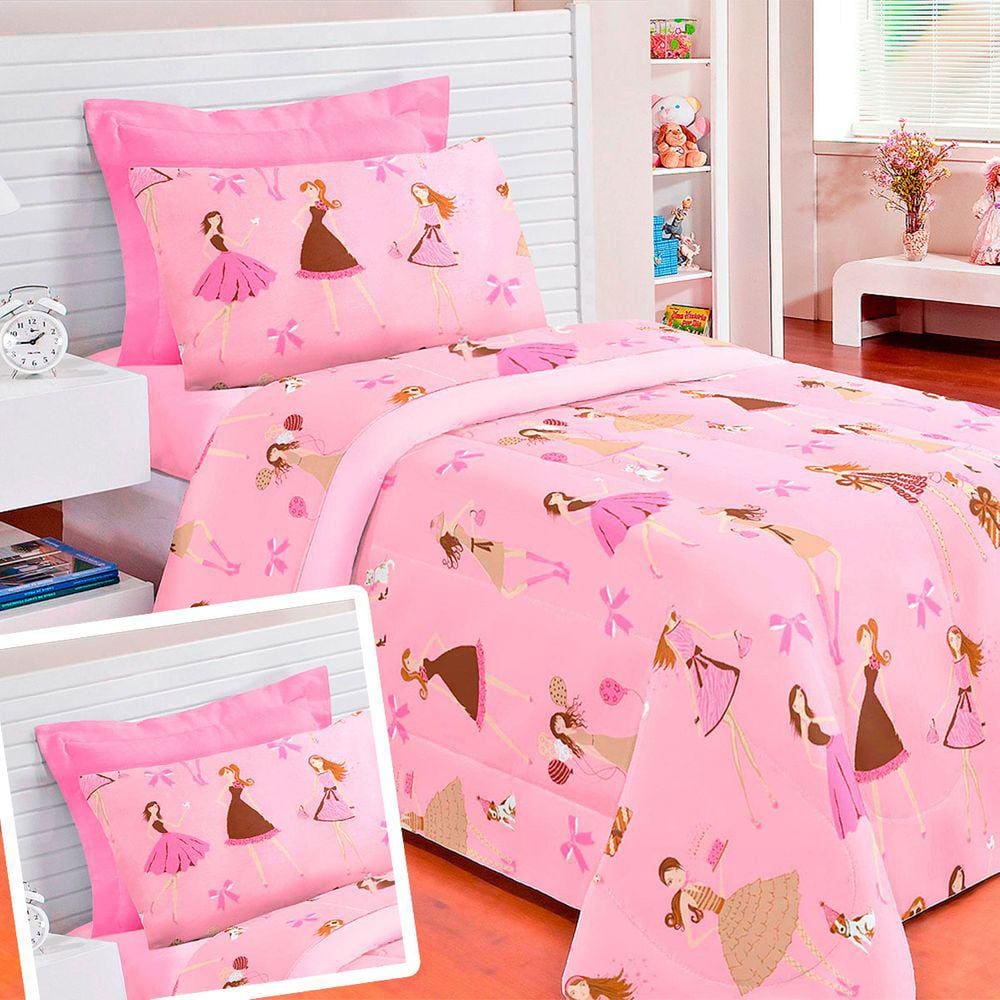 Kit Cobre Leito Infantil Solteiro Menina Estampado Coruja + Cortina + Jogo  De Cama