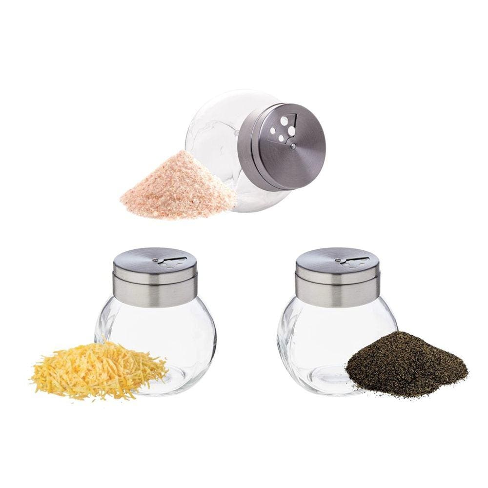Kit 3 Potes Porta Condimentos e Tempero Pimenteiro, Saleiro, Queijeira Vidro Tampa Inox Giratória