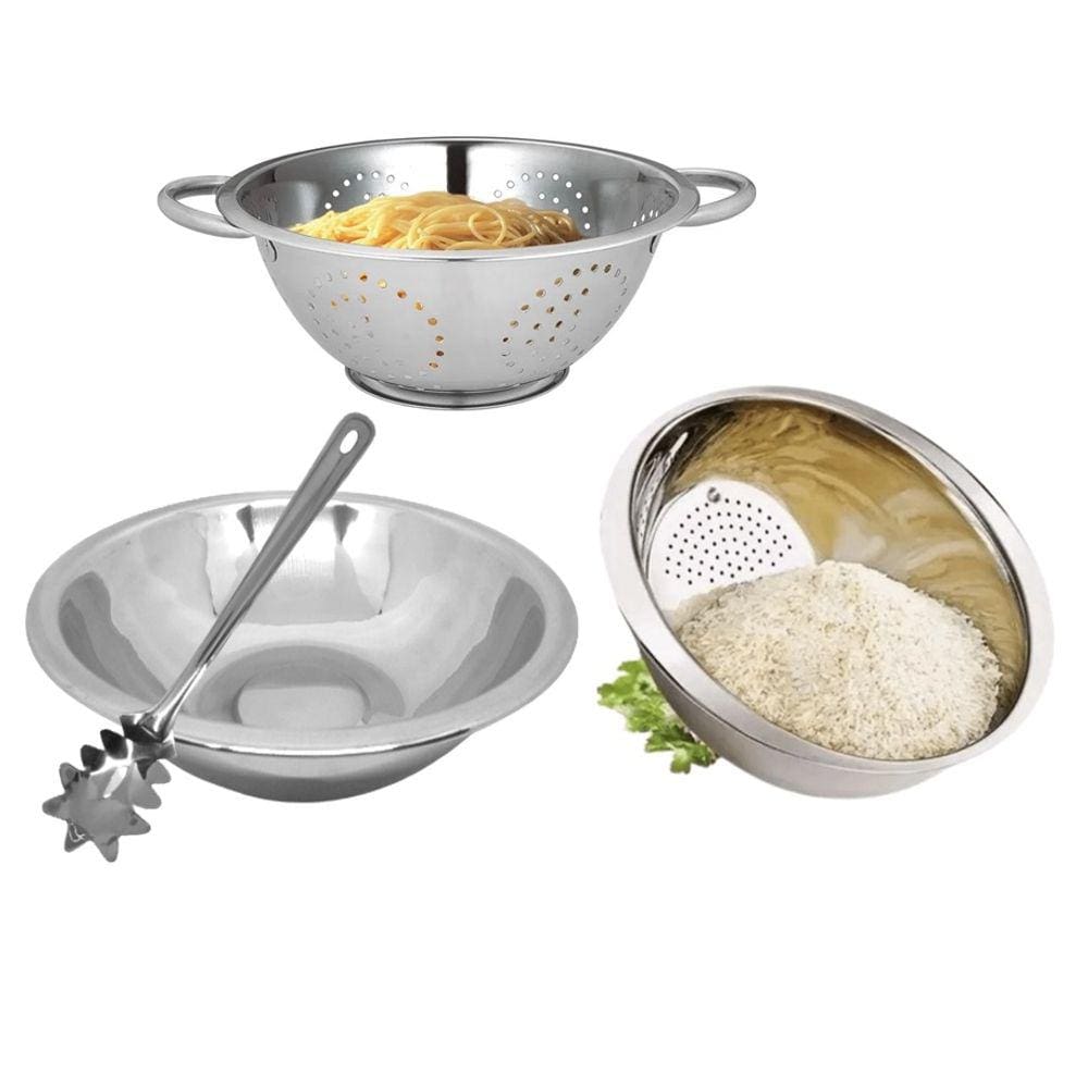 Kit Aço Inox para Massa e Arroz 4 peças Escorredor, Bowl e Colher - Mundial Import
