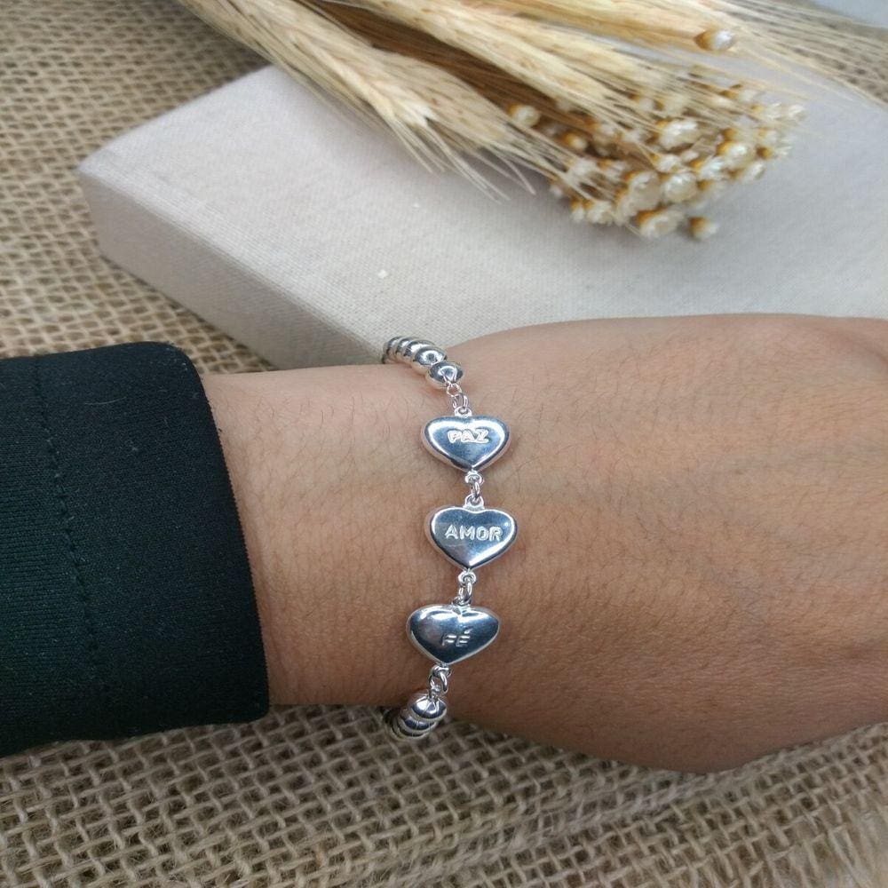 Pulseira Corações Paz ,Amor E Fé Prata 925