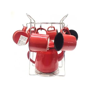 Conjunto Bule Esmaltado 1L, 6 Mini Canecas e Suporte Cromado
