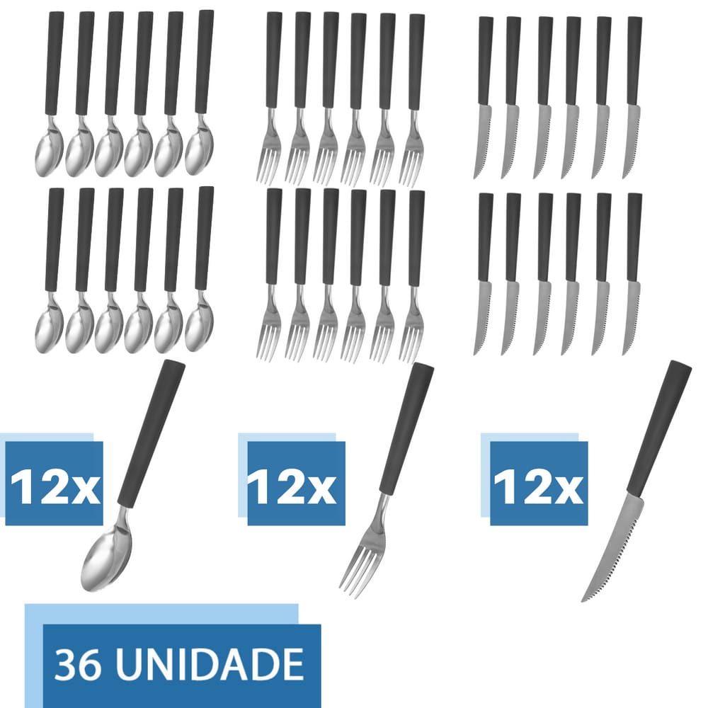 Kit 36 Talheres Inox 12 Garfo, Faca E Colher Cabo De Madeira