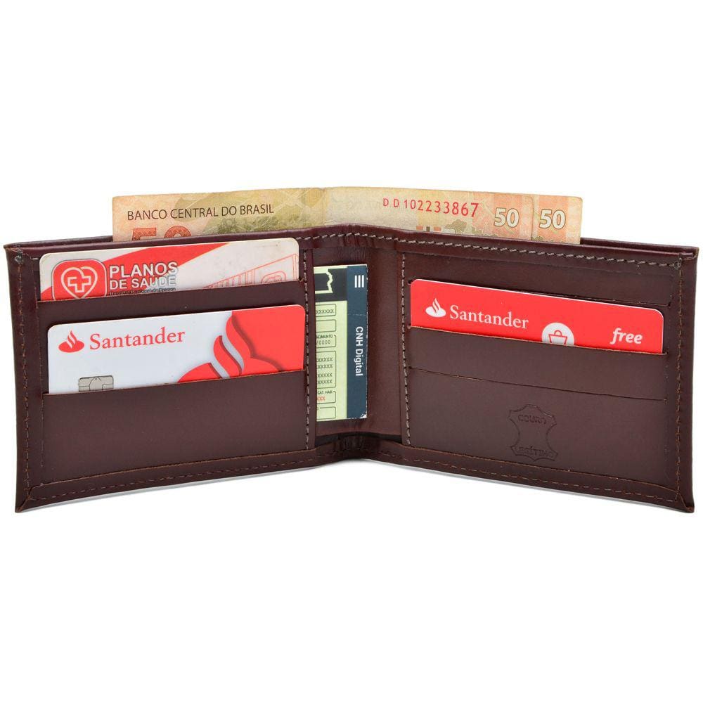 Carteira Masculina Tradicional Pequena em Couro Legítimo Porta Cartão Café Liso