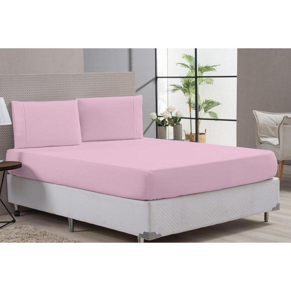 Lençol Com Elástico Casal King 80% Algodão Rosa 3 Peças