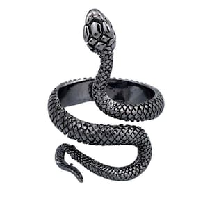 Anel Preto Prateado Cobra Ajustável Serpente Snake Punk Rock