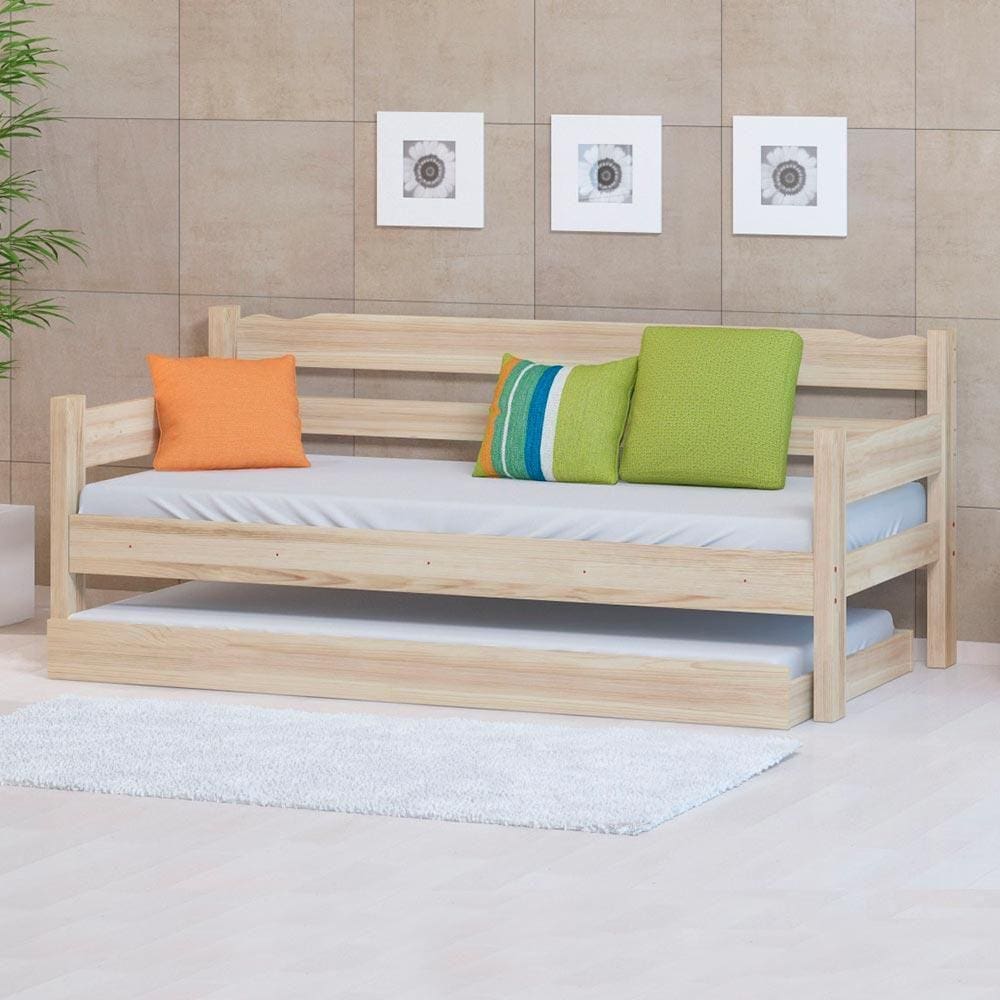 Sofá Cama Madeira Com Auxiliar Crua Nemargi - Bege