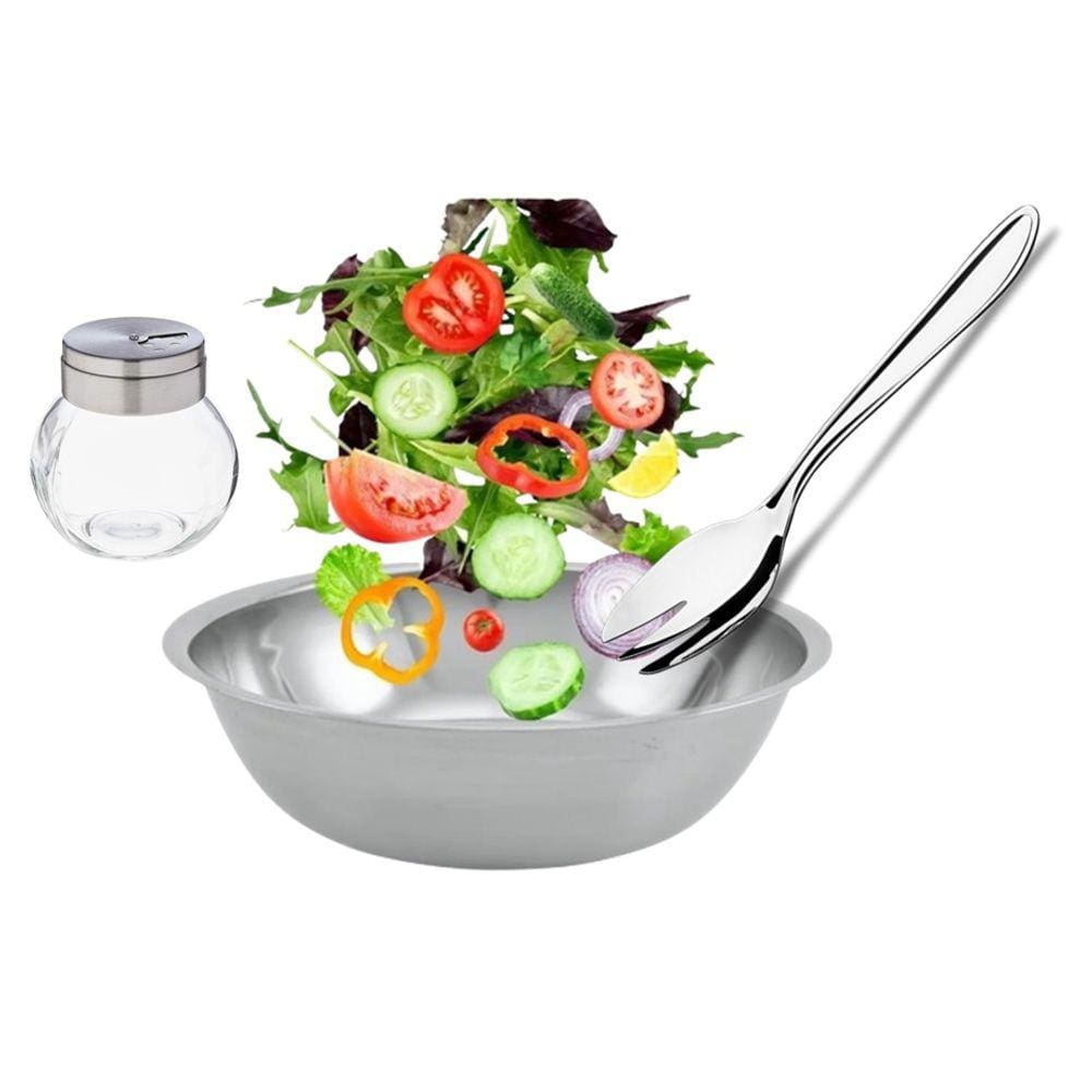 Conjunto para Salada Aço Inox 3 Peças Bowl, Saleiro e Colher - Mundial Import
