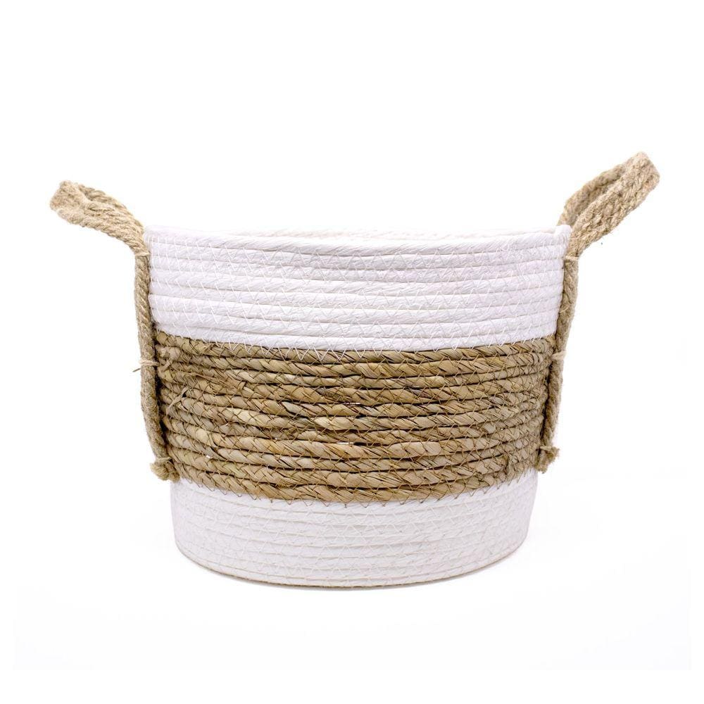 Cesto de Seagrass Listrado Branco 19x26x26 cm - D`Rossi