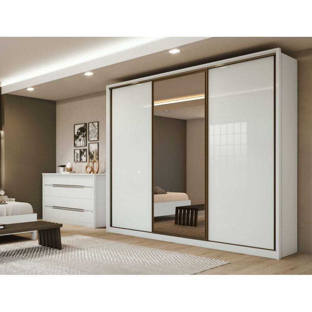Guarda Roupa Casal com Porta de Espelho - Branco