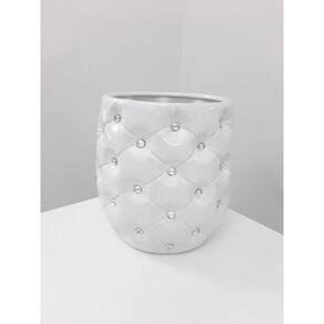 Vaso Cachepot em Capitonê Branco com Cristais 17 cm