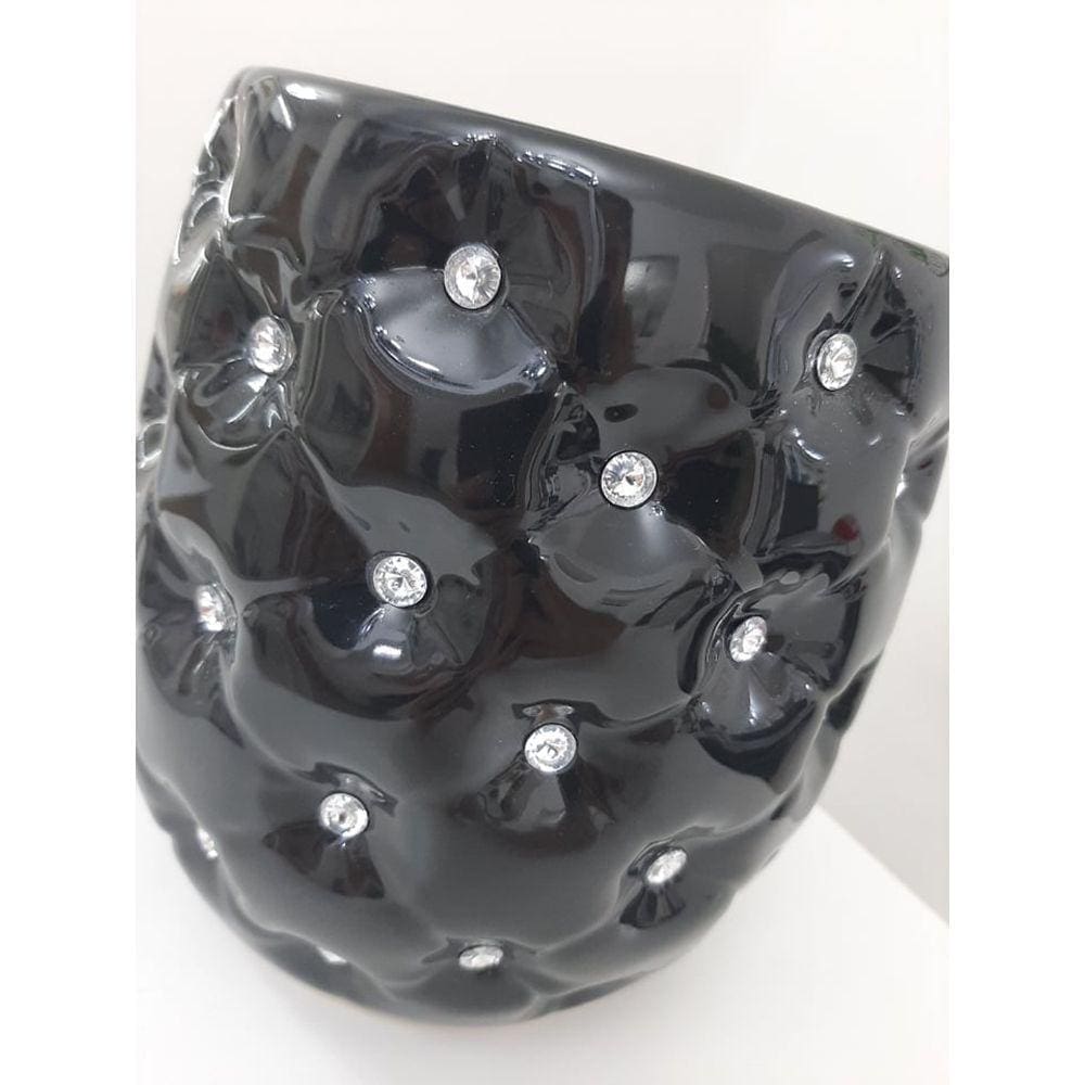 Vaso Cachepot de Cerâmica Preto com Cristais 17 x 15 cm