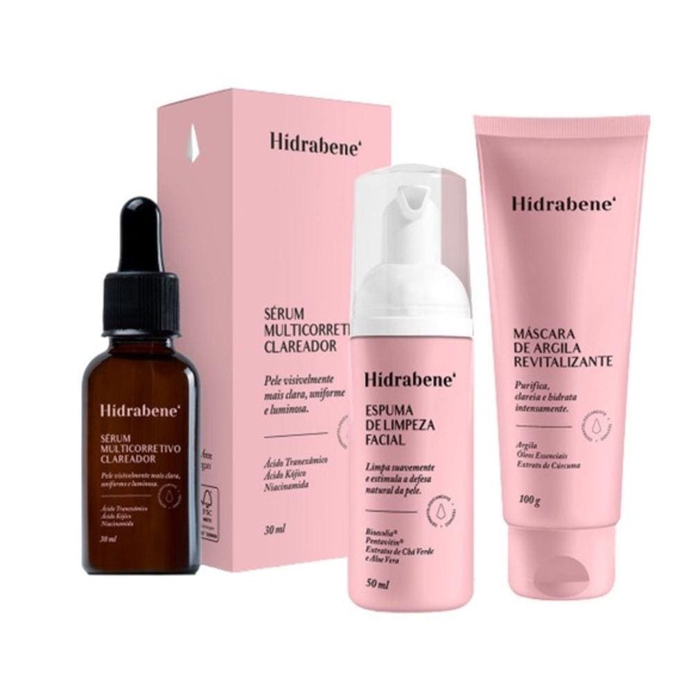Combo SÉRUM CLAREADOR + ESPUMA DE LIMPEZA FACIAL + MÁSCARA DE ARGILA REVITAIZANTE - HIDRABENE