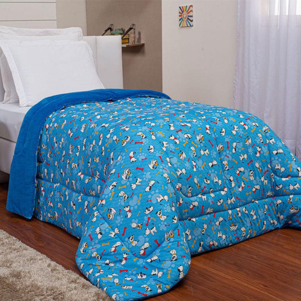 Edredom Coberdrom Pets Solteiro Dupla Face Malha - Azul