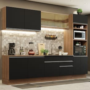 Cozinha Completa Madesa Glamy 310001 com Armário e Balcão (Sem Tampo e Pia) - Rustic/Preto