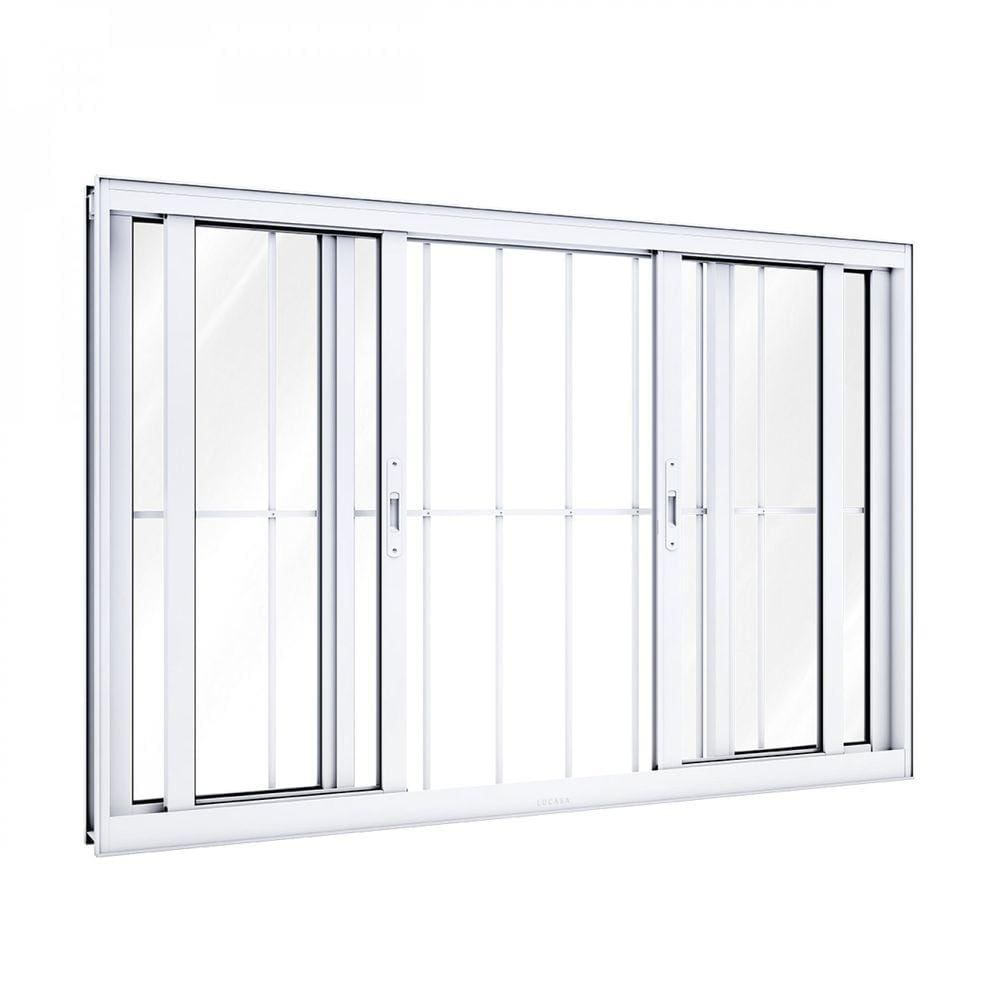 Janela de Aluminio Abertura Central 2 Folhas Móveis e 2 Fixas e Grade 100x200 Lucasa Branco