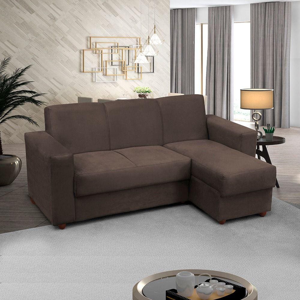 Sofá 3 lugares com Chaise LD Bia Suede Marrom Madelina Decor