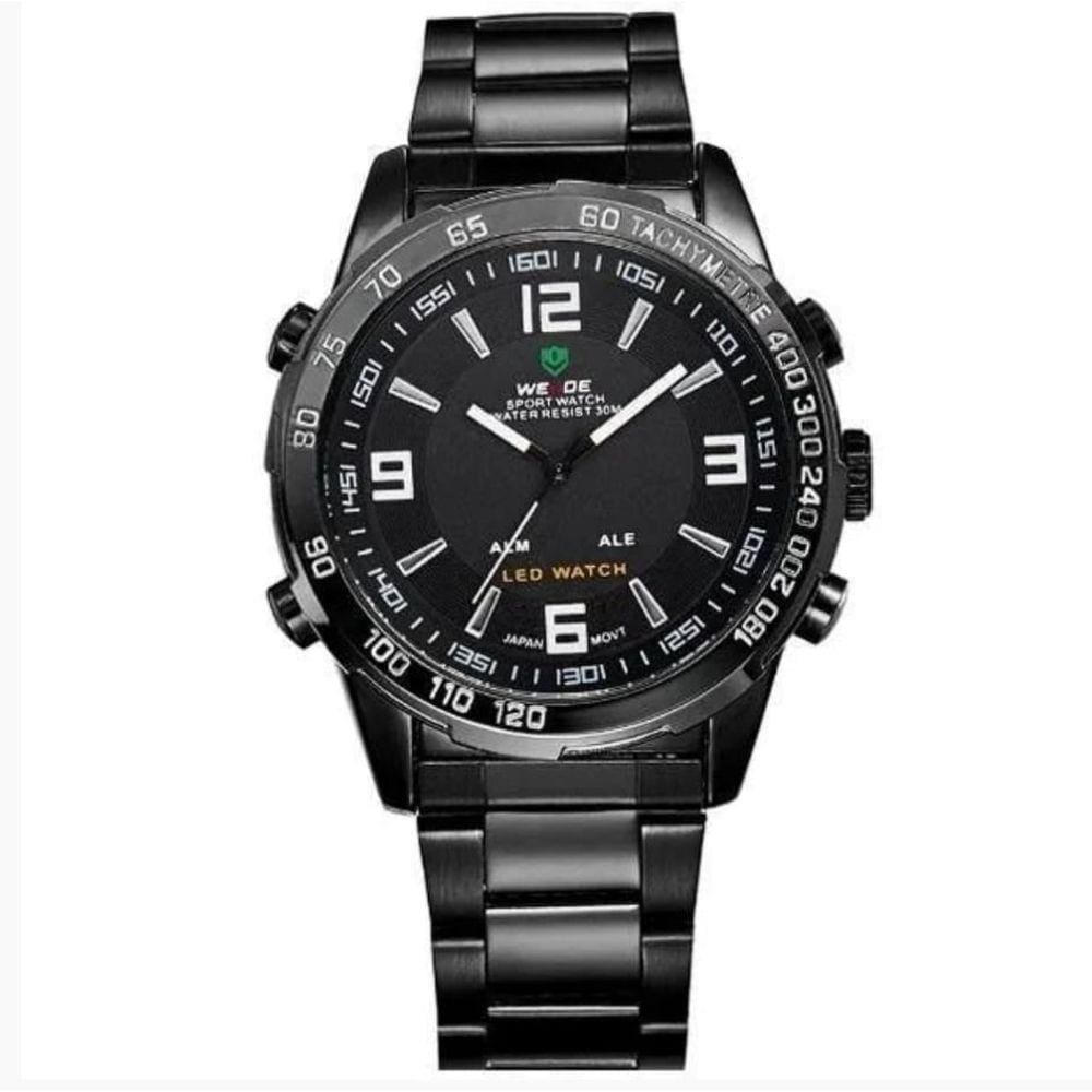 Relógio masculino digital led e analógico weide 1009 preto inox discreto