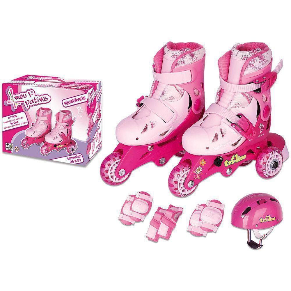 Patins Tri-Line Ajustáveis Com Acessórios 26 A 29 Rosa