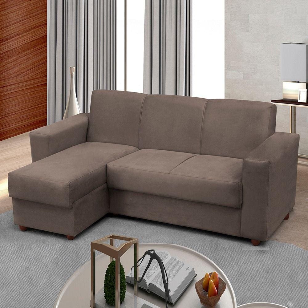 Sofá 3 lugares com Chaise Bia Esquerdo Suede Capuccino Madelina Decor
