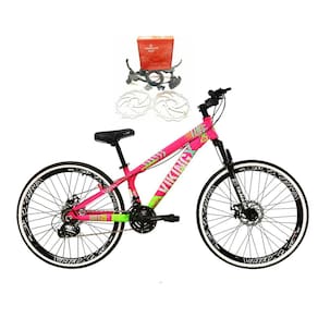 Bicicleta Aro 26 Vikingx Tuff 21v Alumínio Freio Hidráulico a Disco Aros Vmaxx Preto - Rosa/Verde