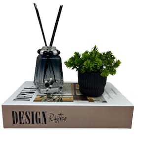 Livro decorativo Design + vaso preto + difusor de vidro