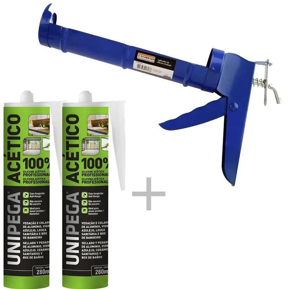 Kit Aplicador de silicone + 2 Silicone Acético Incolor Profissional 280ml Unipega