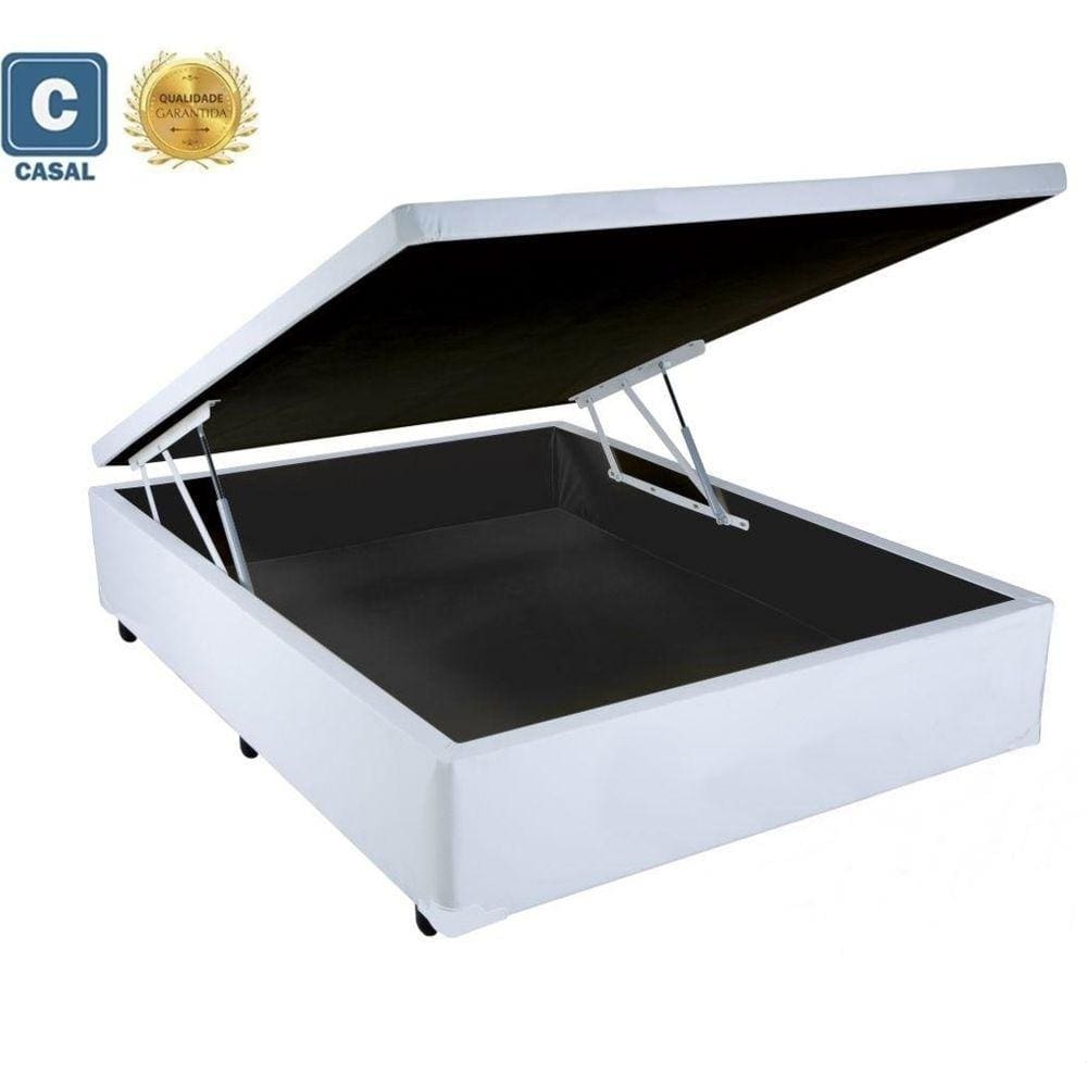 Cama com Baú Pistão á gás Casal Branco Lar 138x188x41