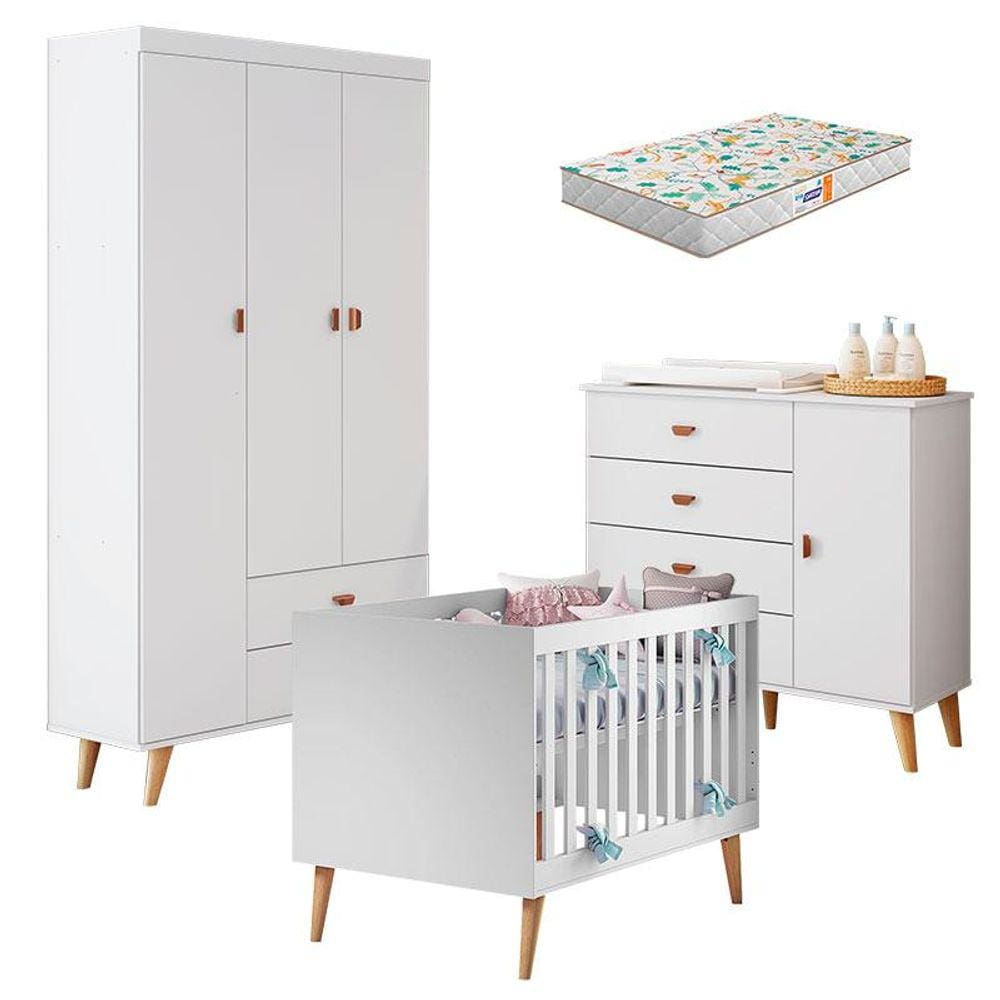 Quarto de Bebê Duda com Berço Americano Ludmila Branco Acetinado Bétula e Colchão Gazin - Carolina