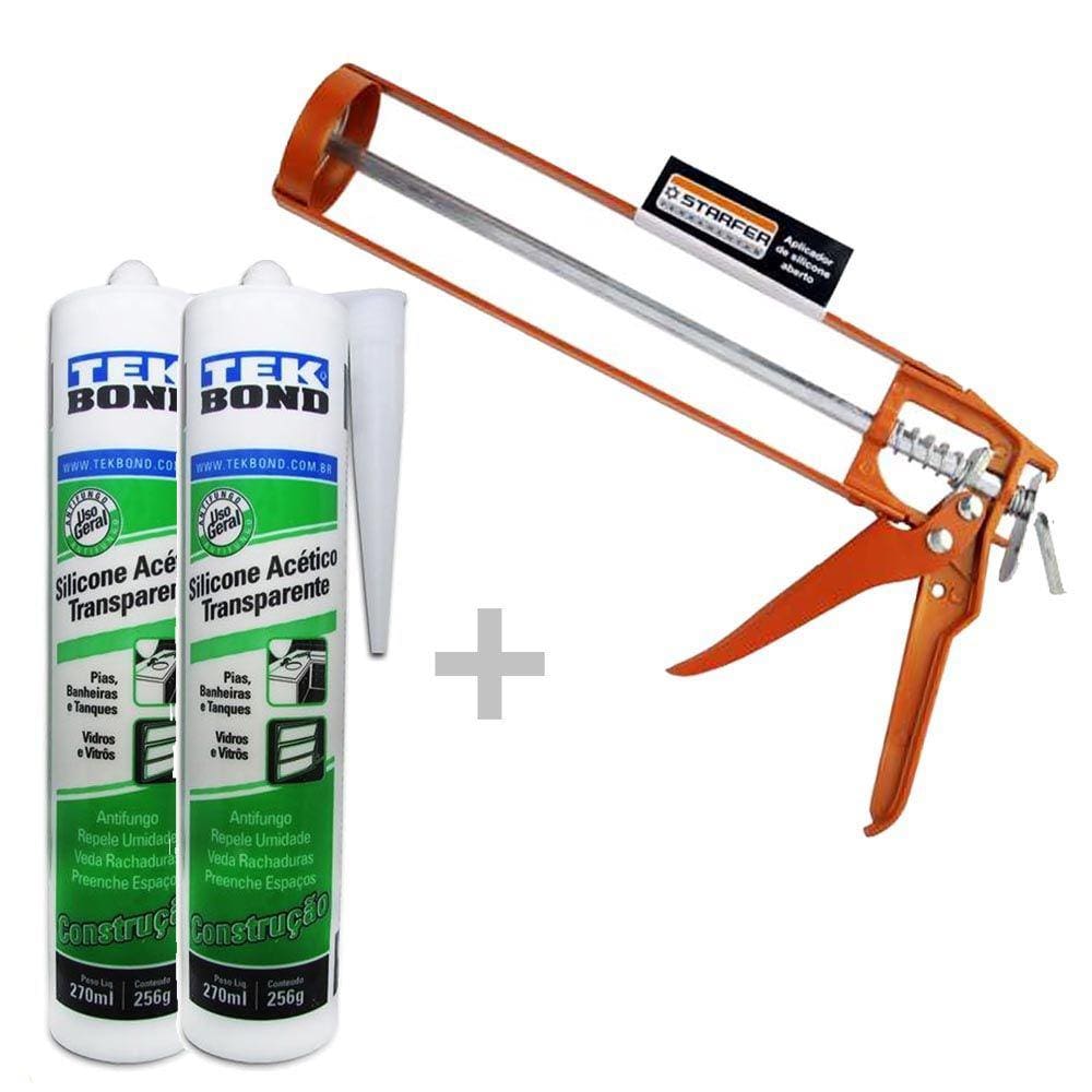 Kit Aplicador de silicone aberto + 2 Silicone acético construção incolor Tekbond 256g