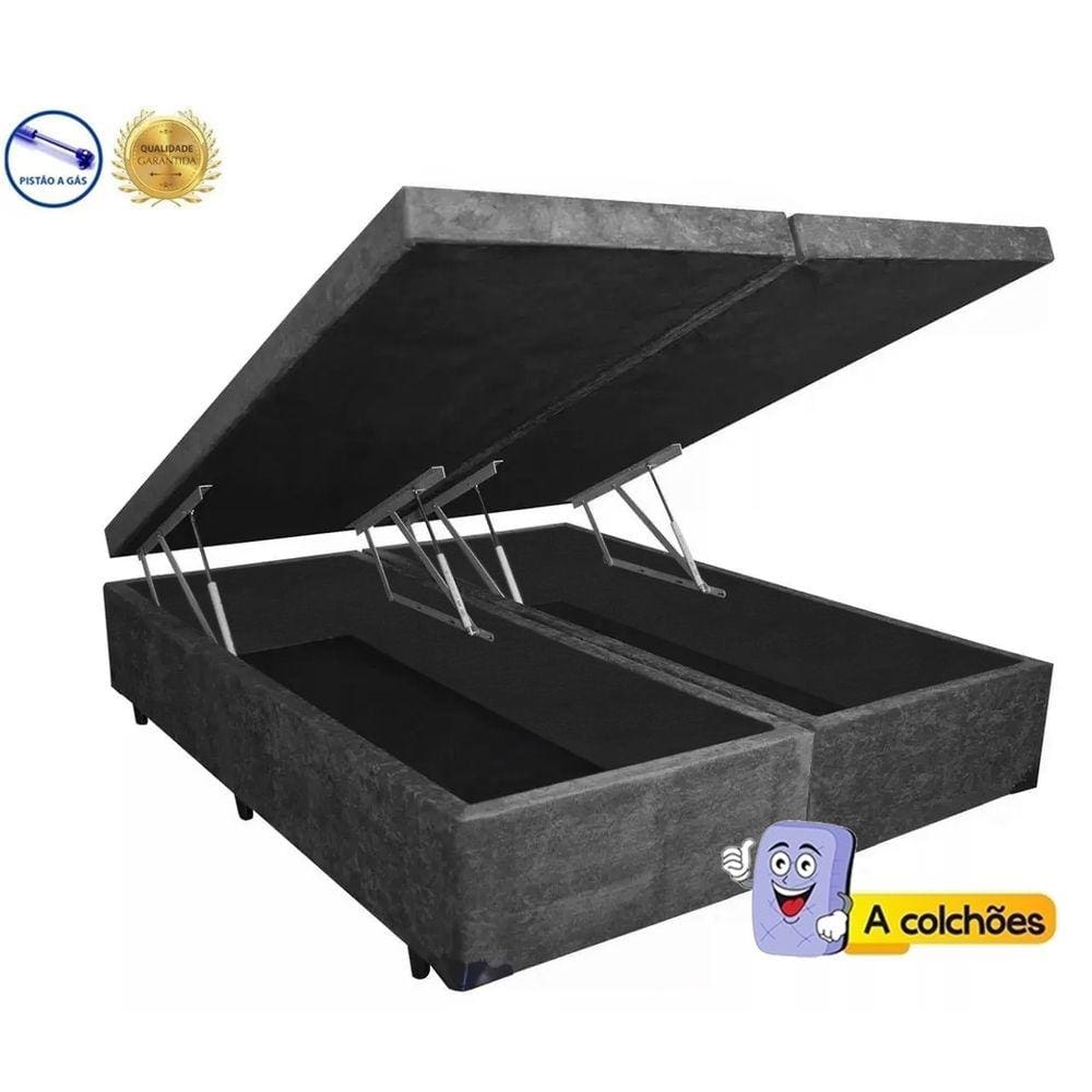 Cama Box Baú King Suede Cinza Bipartido Com Pistão A Gás - 193x203x41