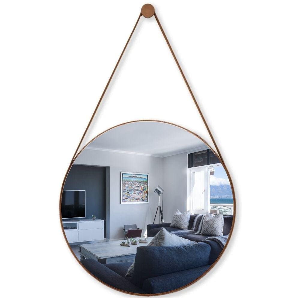 Espelho Redondo Decorativo Suspenso Com Alça 50cm Caramelo