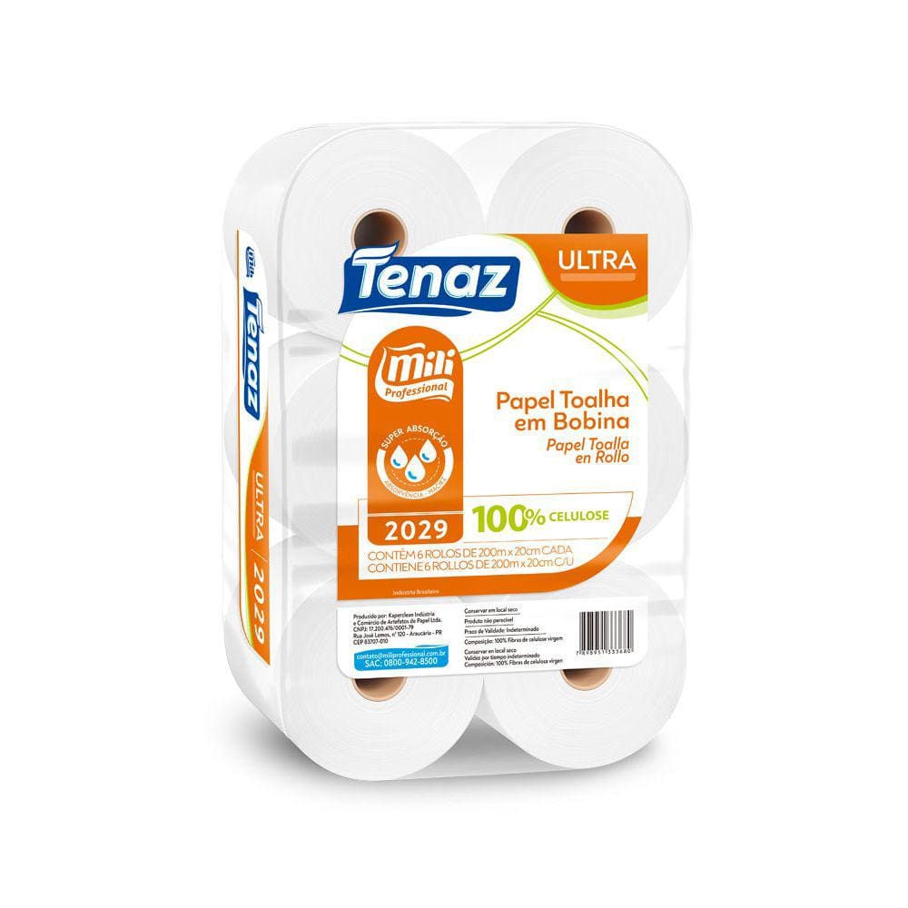 Papel Toalha Bobina Tenaz Ultra 24G 6 Rolos 200Mx20cm Celulose Mili