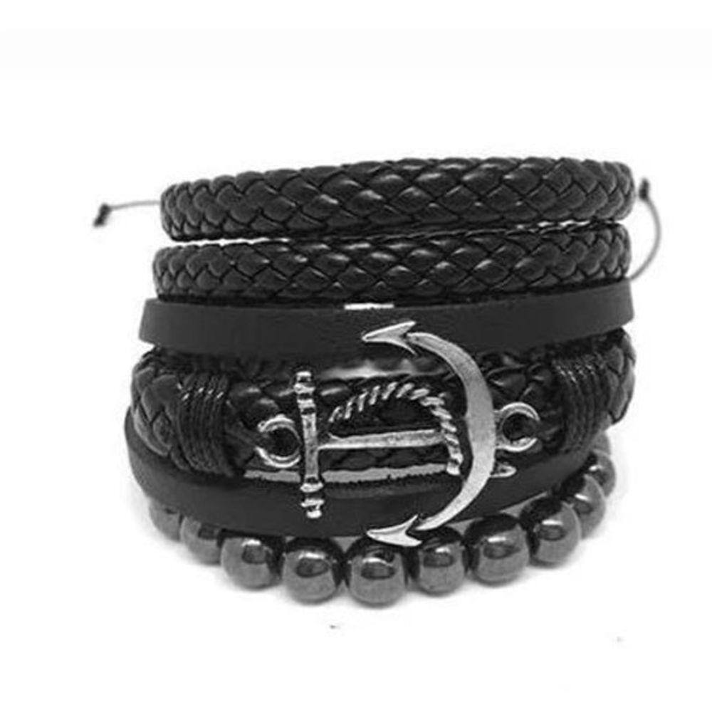 Pulseira Masculina Couro Ancora Pedra Hematita Kit 3 Combo
