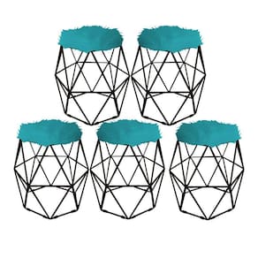 Kit 05 Puff Banqueta Luna Aramado Hexágono Preto Pelúcia Azul Turquesa