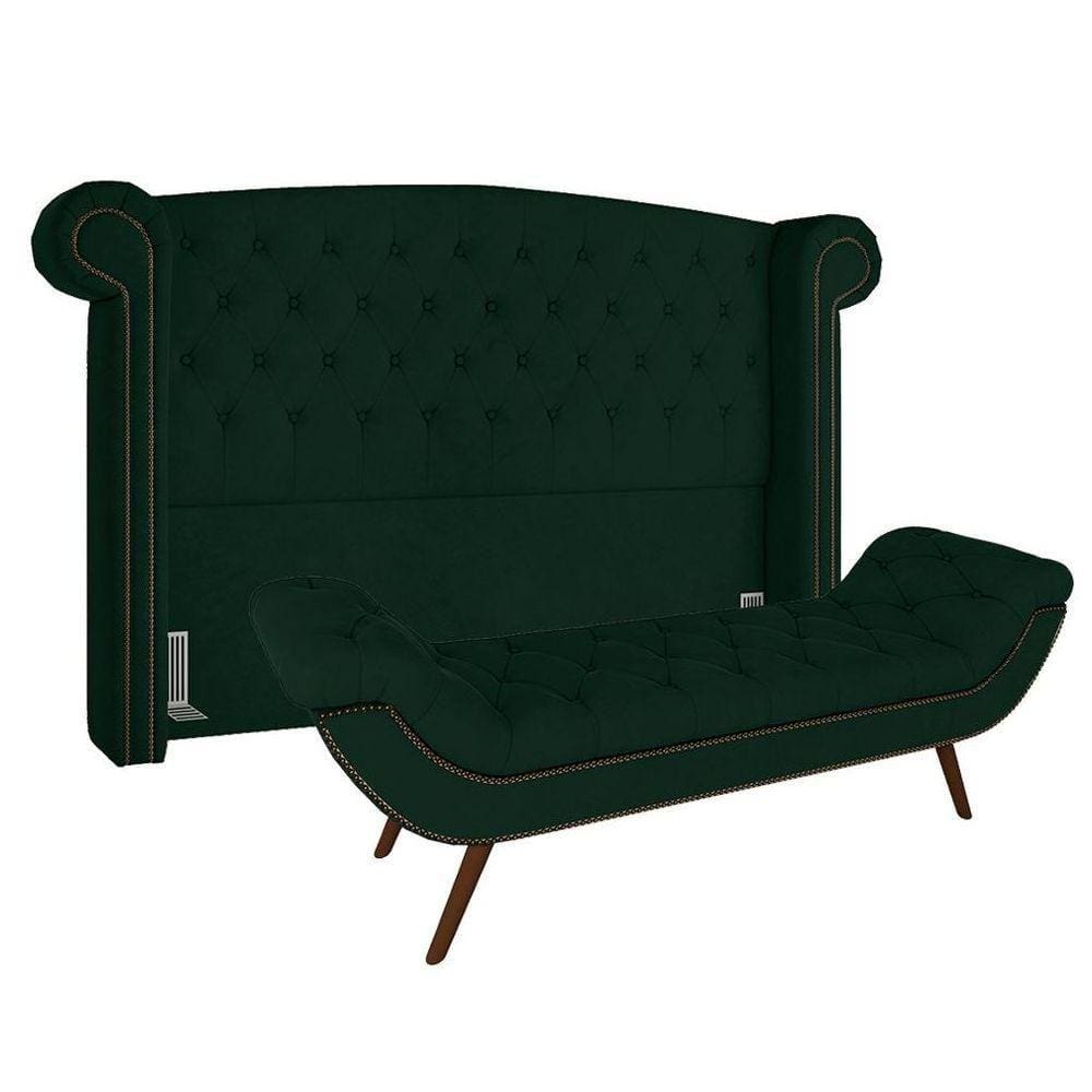 Cabeceira Cama Box Casal Queen 160cm Provença Com Calçadeira Vêneto P02 Veludo Verde Musgo