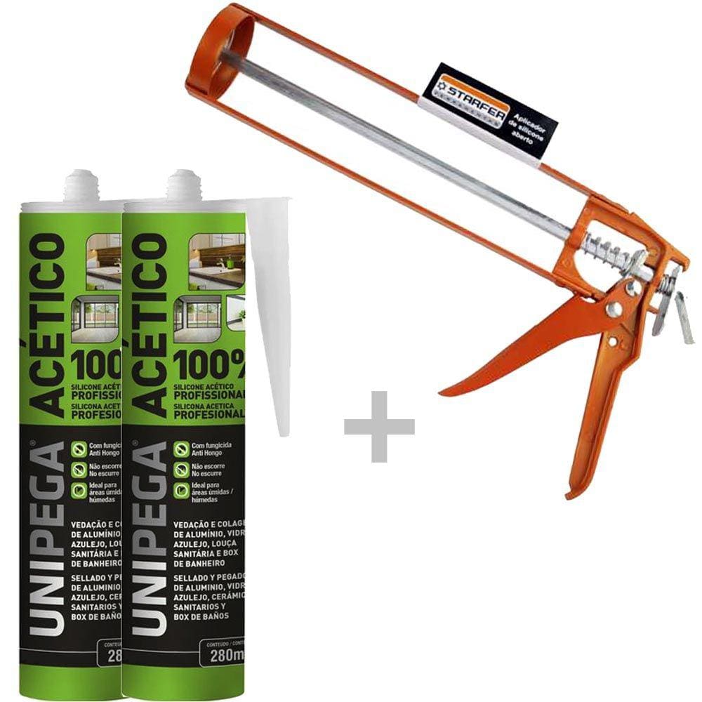 Kit aplicador silicone aberto + 2 Silicone Acético Profissional Incolor 280ml - Unipega
