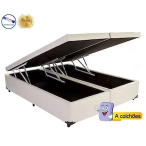 Cama Box Baú Queen Convencional Suede Bege Bipartido Com Pistão A Gás - 158x198x41