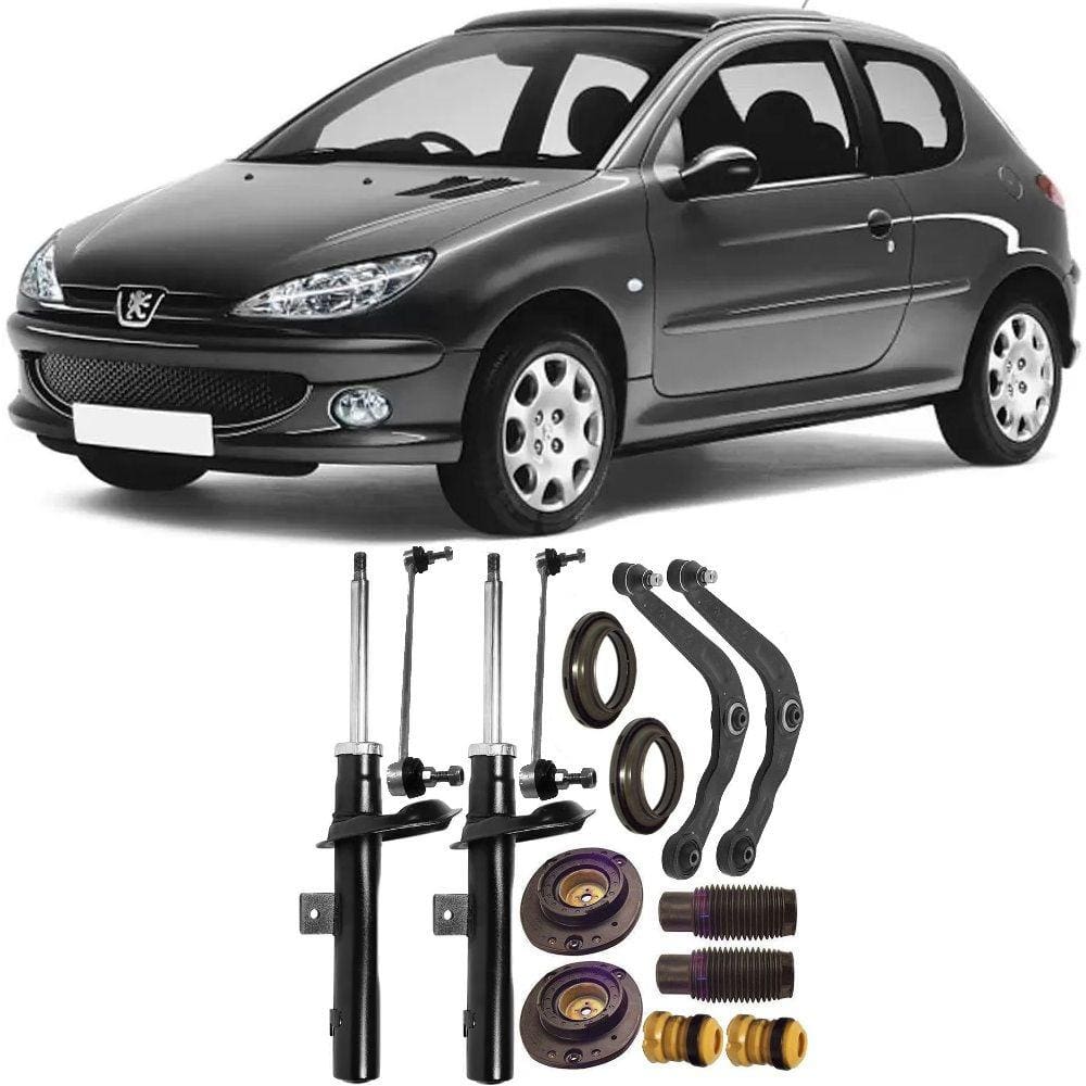 Amortecedor + Bandeja + Kit Batente + Bieleta Peugeot 206 Dianteiro 1998 Até 2010 O Par