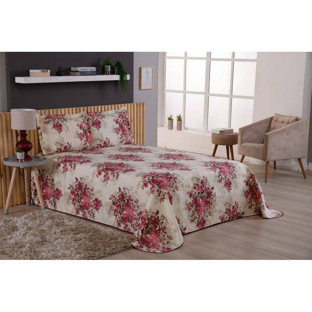 Kit Cobre Leito Fronha Flores Viena Estampado Casal Queen