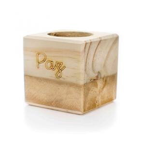 Porta Vela Quadrado De Natal Paz Em Madeira E Dourado 7Cm