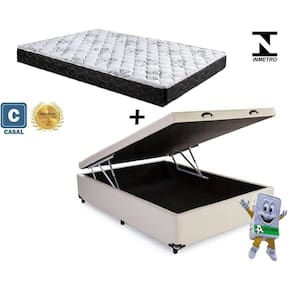 Cama Baú Casal Bege + Colchão Espuma D20 138x188x12