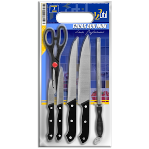 Conjunto de Faca Inox 7 Peças Cabo Preto Tesoura e Chaíra