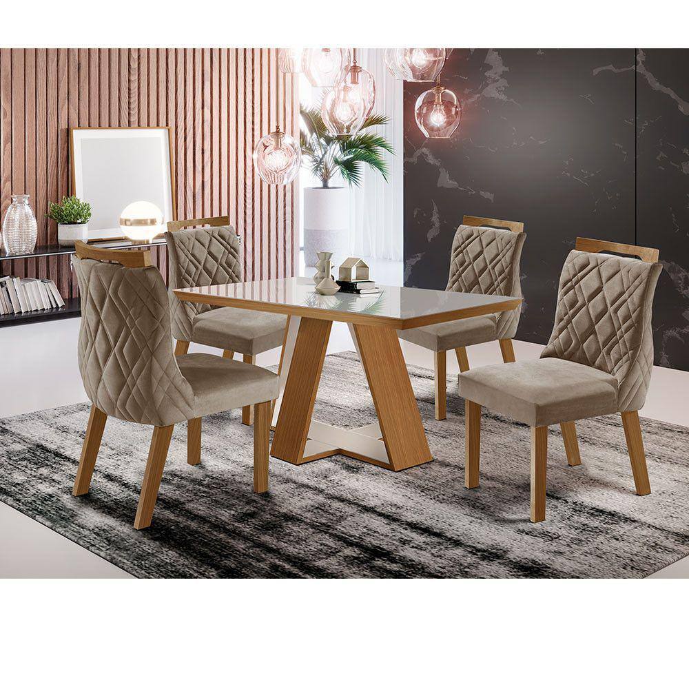 Conjunto Mesa Veneza para Sala de Jantar com Tampo de Vidro e 06 Cadeiras  Delta Prêmio/Pena Bege - LJ Moveis