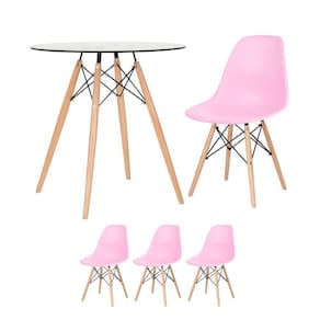 Mesa Redonda Eames Com Tampo De Vidro 70 Cm + 3 Cadeiras Eiffel Dsw Rosa Claro
