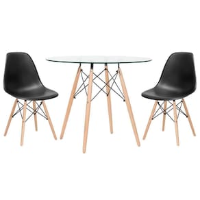 Mesa Redonda Eames Com Tampo De Vidro 90 Cm + 2 Cadeiras Eiffel Dsw Preto