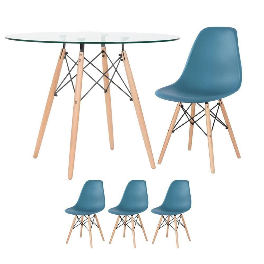Mesa Redonda Eames Com Tampo De Vidro 100 Cm + 3 Cadeiras Eiffel Dsw Turquesa