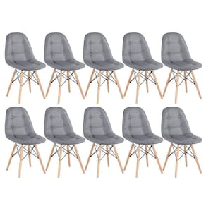 Kit - 10 X Cadeiras Estofadas Eames Eiffel Botonê - Base De Madeira Clara - Cinza Escuro