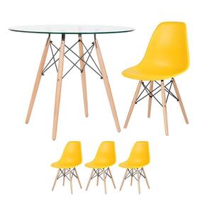 Mesa Redonda Eames Com Tampo De Vidro 90 Cm + 3 Cadeiras Eiffel Dsw Amarelo
